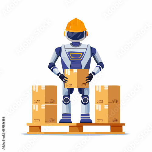パレットに段ボールを積むロボットのフラットイラスト（物流DX）