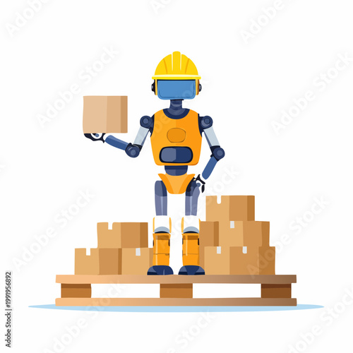 パレットに段ボールを積むロボットのフラットイラスト（物流DX）