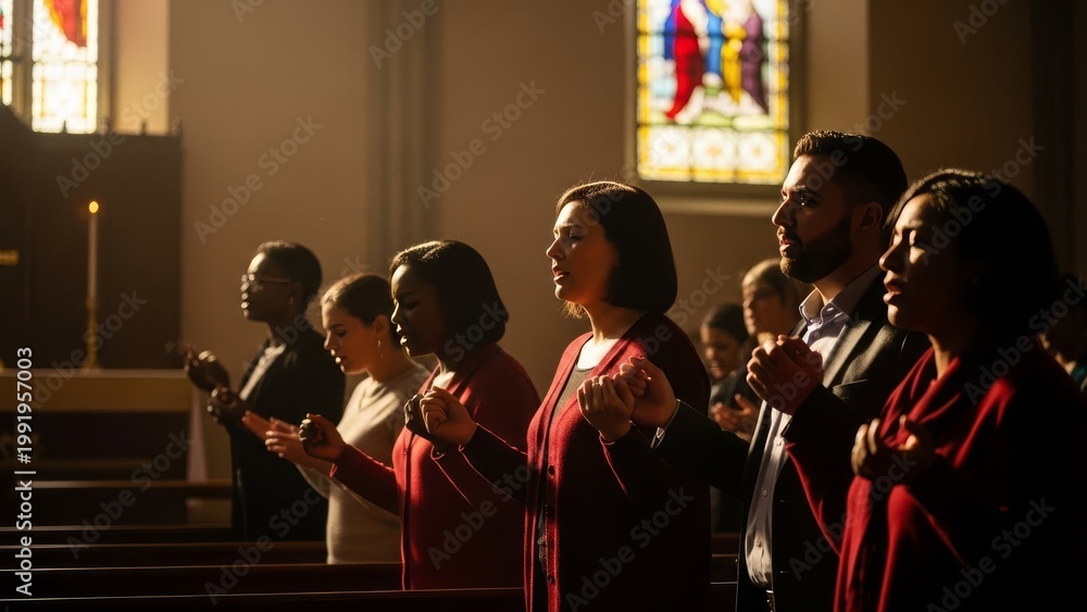 Fototapeta premium Diverse adults in prayer at church, hands clasped, with stained glass.