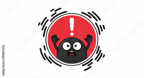 A cartoon black character with big eyes and open mouth, hands up, inside a red warning circle