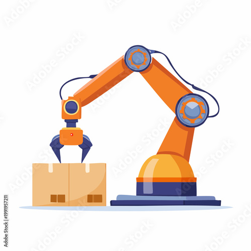 倉庫でピッキング作業をするロボットのフラットイラスト（物流DX）