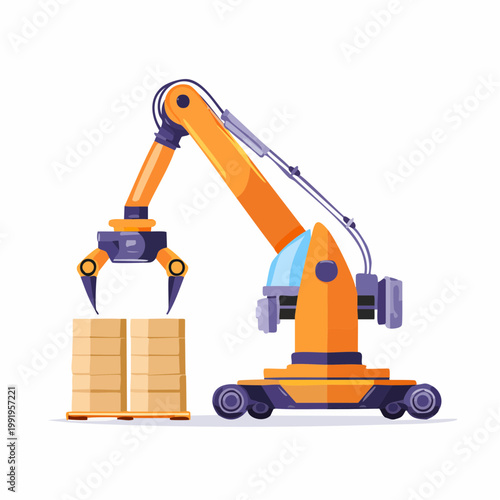 倉庫でピッキング作業をするロボットのフラットイラスト（物流DX）