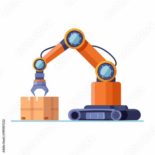 倉庫でピッキング作業をするロボットのフラットイラスト（物流DX）