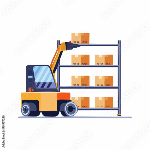 収納棚を搬送する倉庫ロボットのフラットイラスト（物流DX）