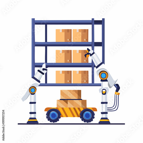 収納棚を搬送する倉庫ロボットのフラットイラスト（物流DX）