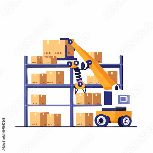 収納棚を搬送する倉庫ロボットのフラットイラスト（物流DX）