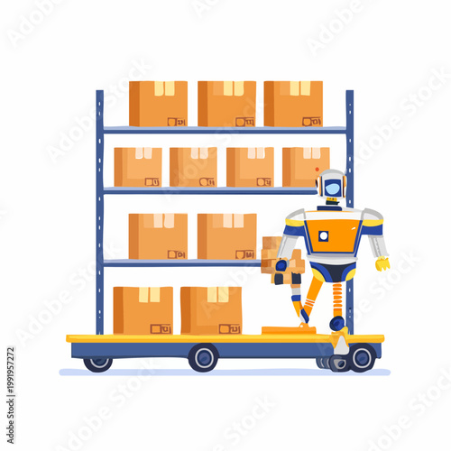 収納棚を搬送する倉庫ロボットのフラットイラスト（物流DX）
