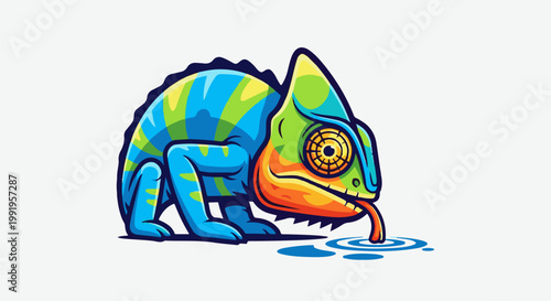 A cartoon chameleon drinks from a puddle with its tongue