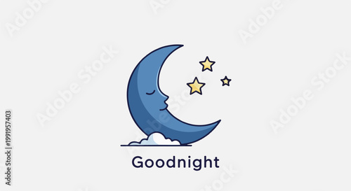 A cartoon crescent moon with a face rests on a cloud, with three stars above