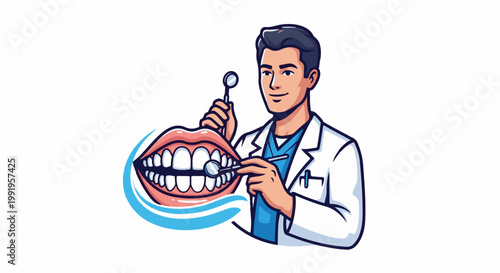 A cartoon dentist examines a set of healthy, white teeth with dental instruments