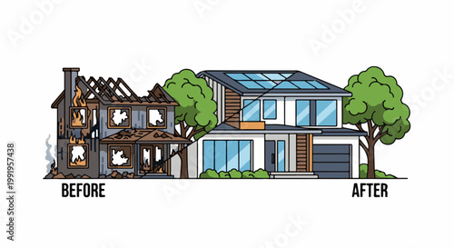 A burned-out house is contrasted with a fully restored, modern home with solar panels