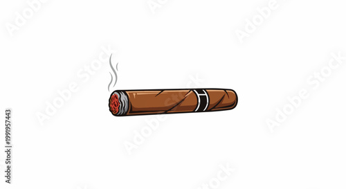 A burning cigar with wisps of smoke rises on a white background