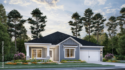 A modern single-story house with a gray exterior and white trim surrounded by trees and a well-manicured lawn