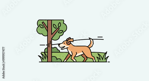 A cartoon dog walks happily through a park next to a tree and green grass