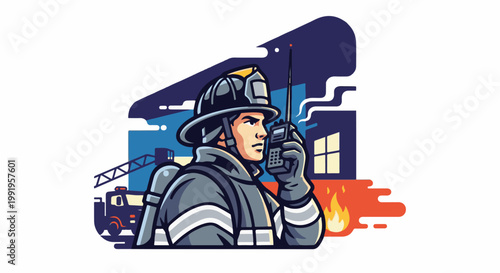 A brave firefighter communicates on a radio amidst a burning building