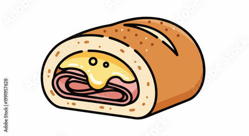 A cartoon drawing of a rolled sandwich with ham, cheese, and a light brown bun