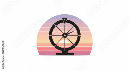 A black spinning wheel with clock hands against a retro sunset