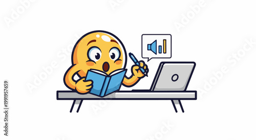 A cartoon emoji character studies a book at a desk with a laptop and sound icon