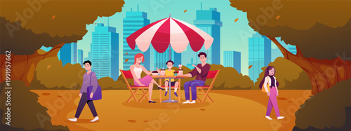 Family is relaxing and eating in street Cafe in the City Park, vector cartoon fast food restaurant patio on autumn