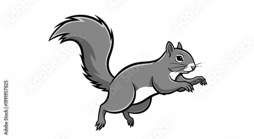 A cartoon grey squirrel with a bushy tail is captured in mid-jump, looking alert