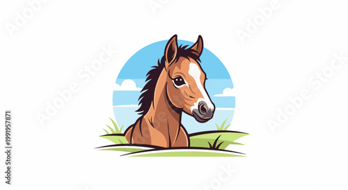 A cartoon horse with a white blaze on its face and dark mane stands in a grassy field