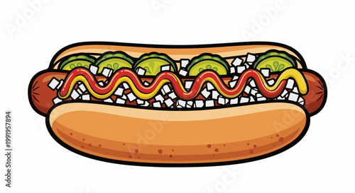 A cartoon hot dog with bun, sausage, pickles, onions, ketchup, and mustard