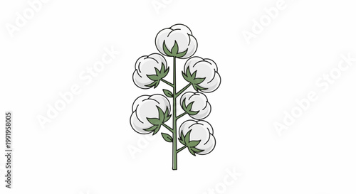 A cartoon illustration of a cotton plant with seven fluffy white bolls