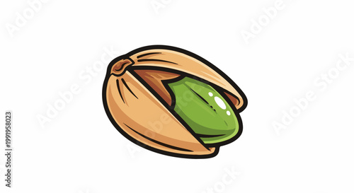 A cartoon illustration of a pistachio nut with its shell partially open, revealing the green nut