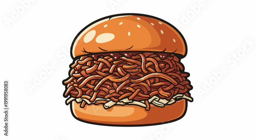 A cartoon-style burger overflowing with noodles and sauce, on a white background