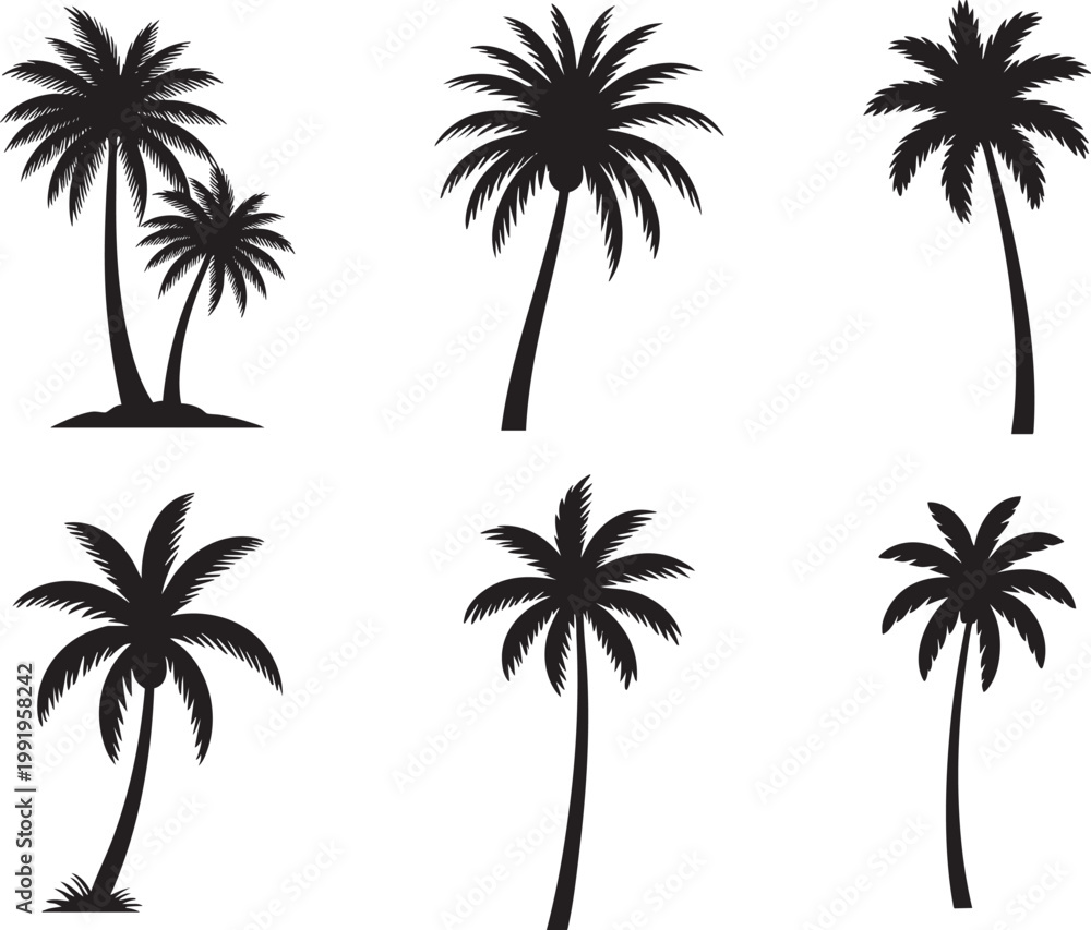 Fototapeta premium Six stylized silhouettes of palm trees against a plain background