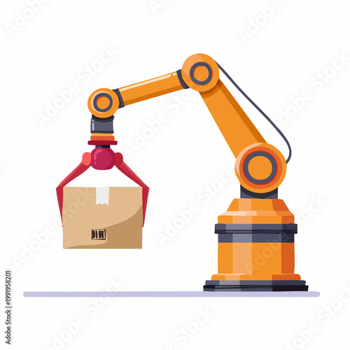 段ボールを持ち上げる産業用ロボットアームのフラットイラスト