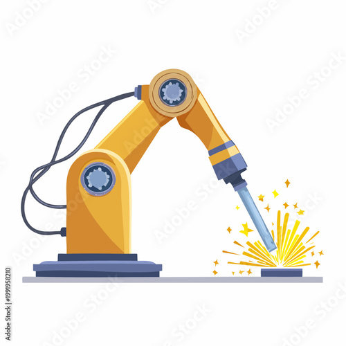 火花を散らして溶接する産業用ロボットアームのフラットイラスト