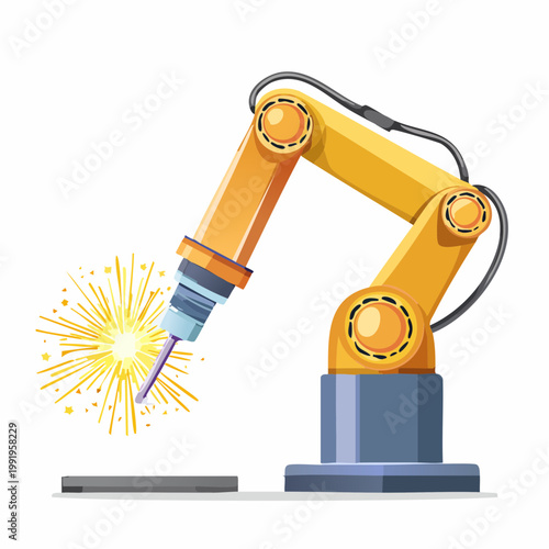 火花を散らして溶接する産業用ロボットアームのフラットイラスト