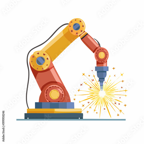 火花を散らして溶接する産業用ロボットアームのフラットイラスト