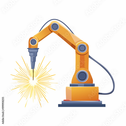 火花を散らして溶接する産業用ロボットアームのフラットイラスト