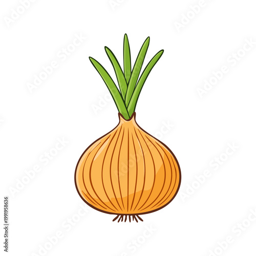 Cartoon yellow onion with green sprouts and roots isolated on white background