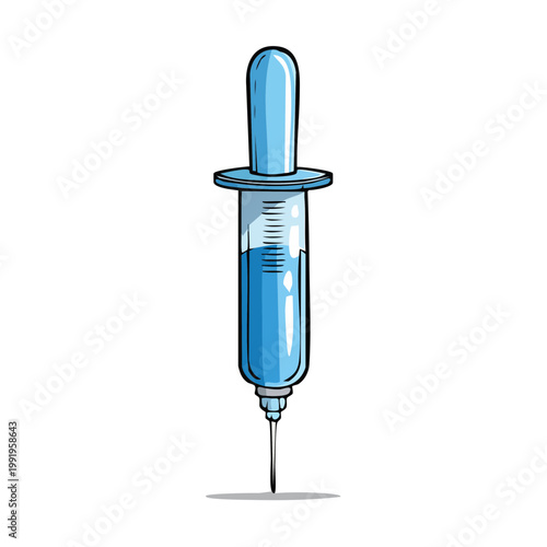 Blue syringe with liquid and needle against white background