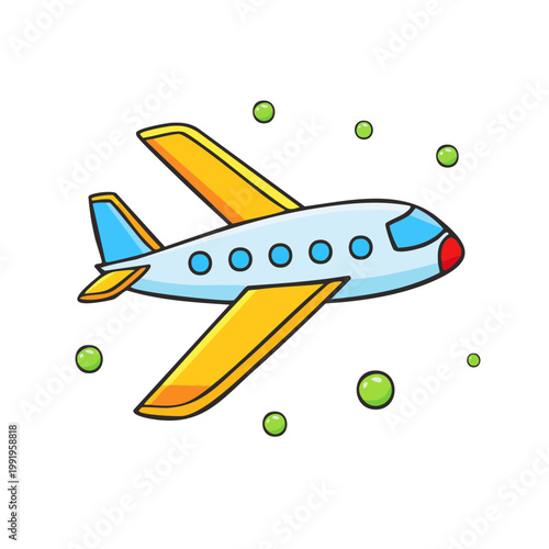 Whimsical cartoon airplane flying through air with green bubbles and white background