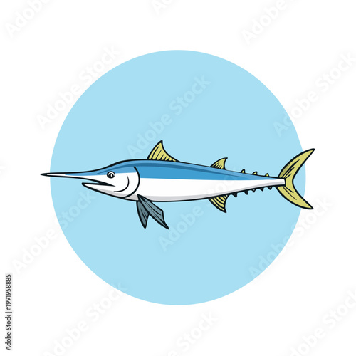 Blue Marlin Fish Illustration with Long Spear-like Bill Swimming in Circle Graphic
