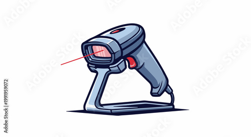 A cartoon-style handheld barcode scanner with a red laser beam emitting from its front