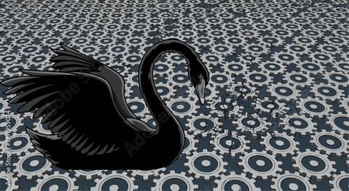A black swan emerges from a broken field of interlocking gears