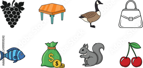 Various Simple Icons Including Grapes, Table, Goose, Fish, Money Bag, Squirrel, and More