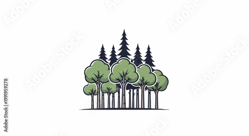 A cartoon-style illustration depicts a diverse group of trees, featuring rounded deciduous and sharp coniferous shapes