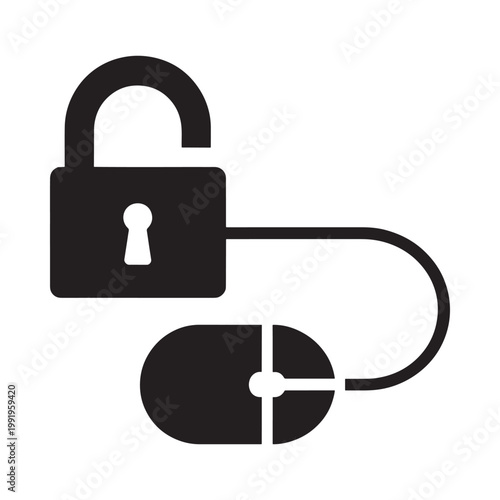 An open padlock connected to a computer mouse symbolizing cybersecurity