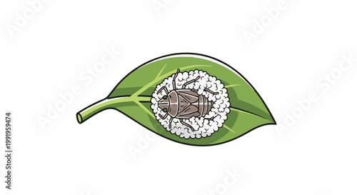 A cartoon-style illustration depicts an insect and its foamy egg mass on a vibrant green leaf