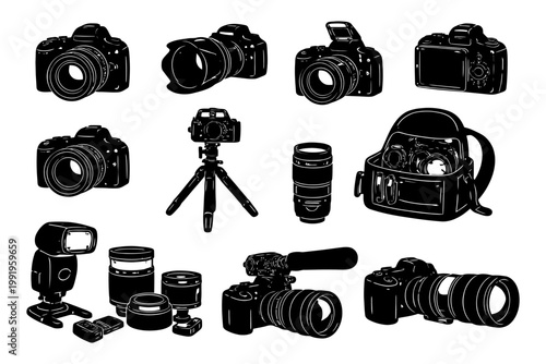 Black silhouette camera gear collection – cameras, lenses, tripod, flash, bag.