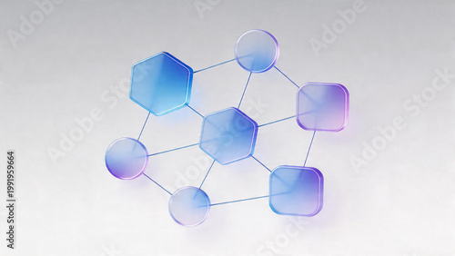 oganesson. Abstract geometric shapes in gradient colors, representing digital network and connectivity. product launch decks, UI/UX mockups, designed for product launches and innovation pitches.