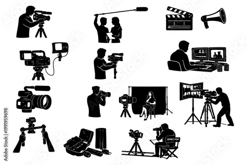 Silhouette film production equipment and crew in action.