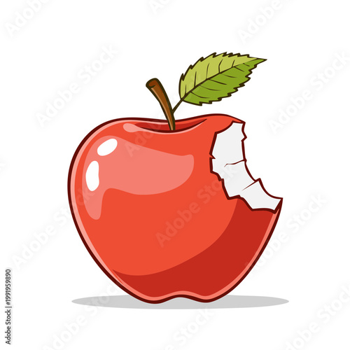 Juicy red apple with a bite taken out showing white crisp flesh and green leaf