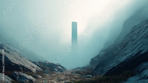 Tall monolith standing in mountain valley amidst thick fog. Abstract structure with geometric shape in mysterious rocky landscape. Surreal scene representing discovery and isolation.